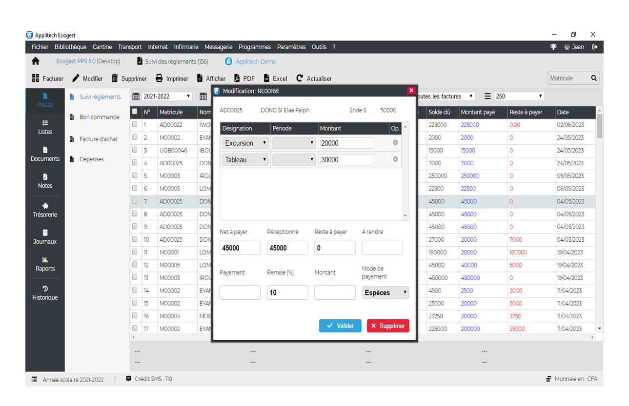 Ecogest screenshots gestion des écoles